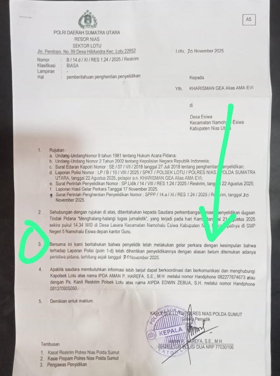 Polsek Lotu Keluarkan SP3 Dugaan Pelanggaran UU Pers oleh Oknum di Proyek Sekolah SMPN5 Namohalu Esiwa, Dinilai Tidak Berdasar