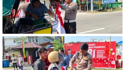 Jelang HUT RI ke-81, Satlantas Polres Meranti Bagikan Bendera Merah Putih kepada Pengendara